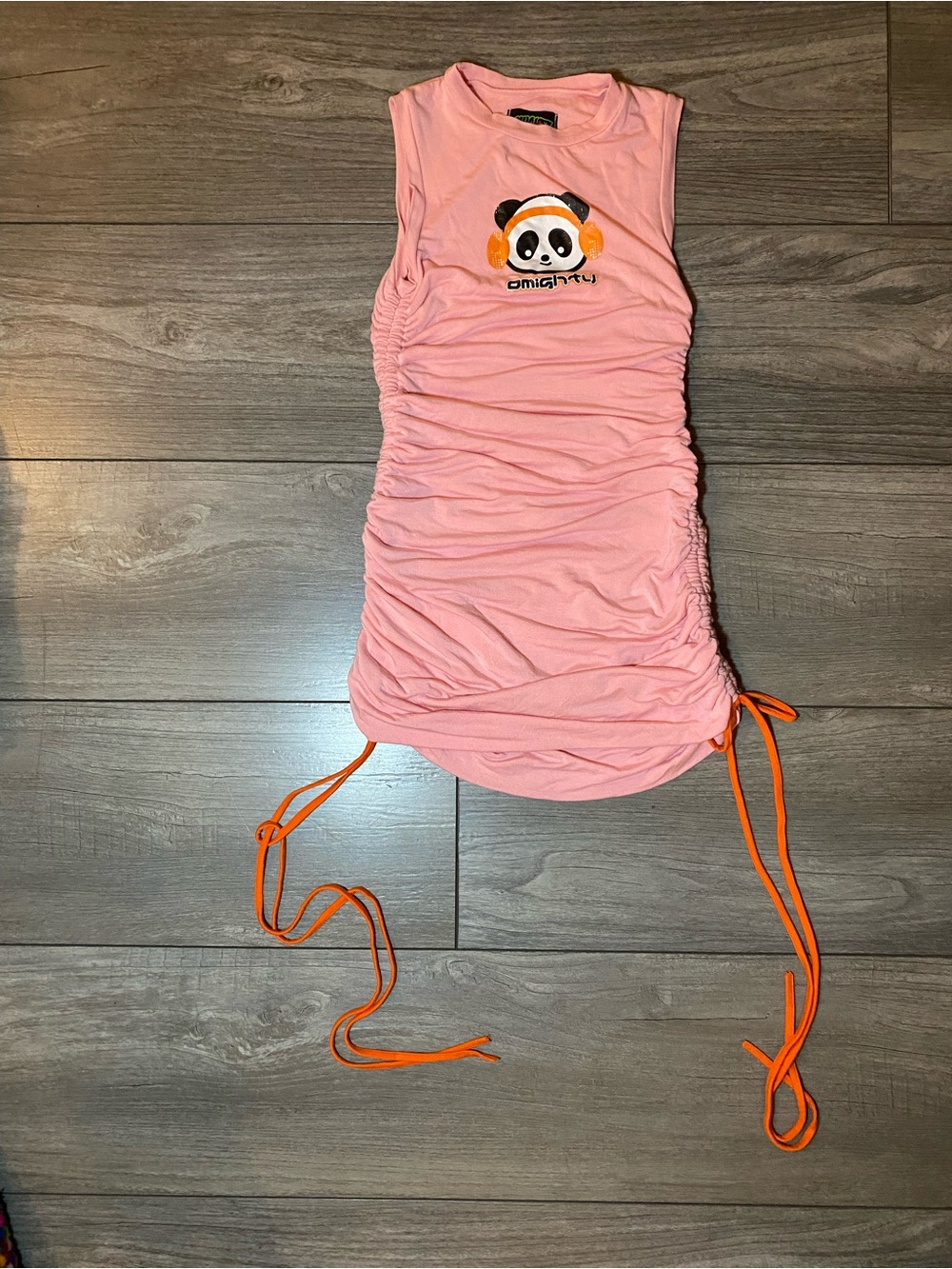EUC O MIGHTY Panda Logo Drawstring Ruched Bodycon Mini Dress